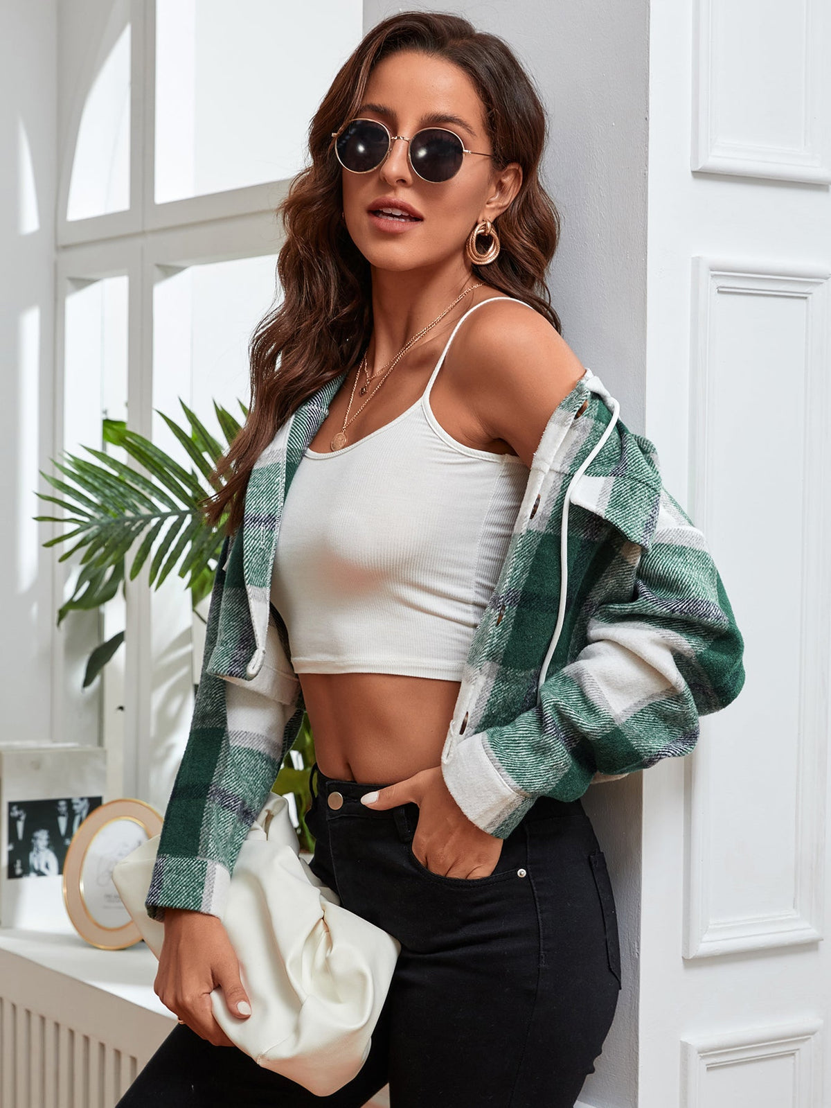 Plaid Print Drop Shoulder Hooded Jacket Sai Feel