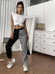 Plaid Print Two Tone High Waist Pants Sai Feel