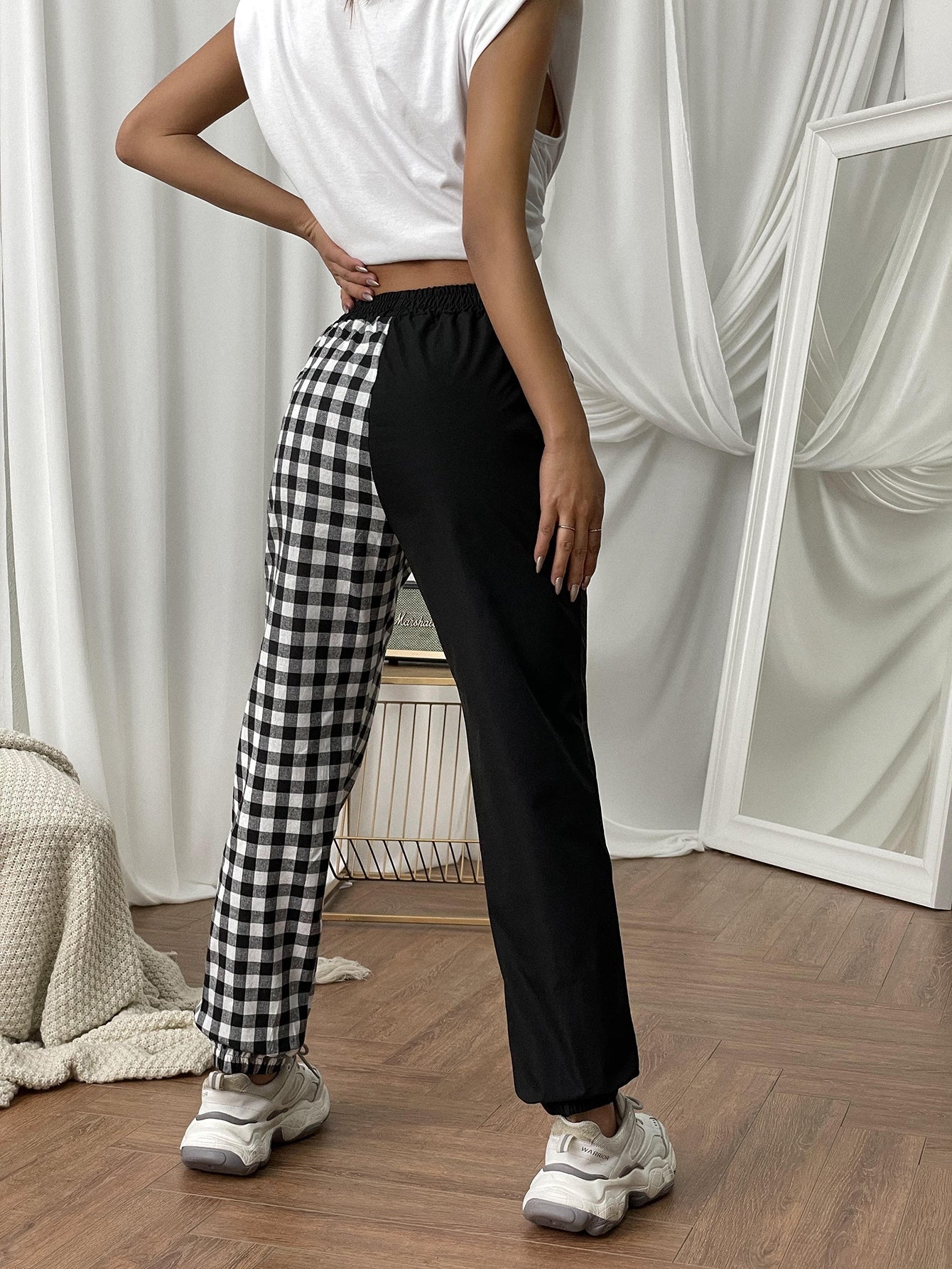 Plaid Print Two Tone High Waist Pants Sai Feel