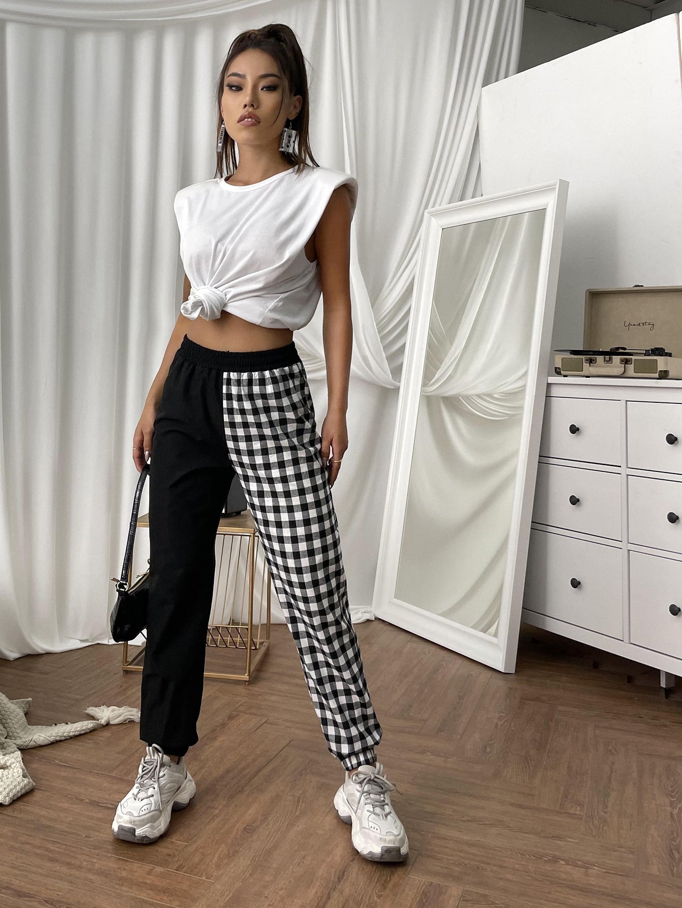 Plaid Print Two Tone High Waist Pants Sai Feel