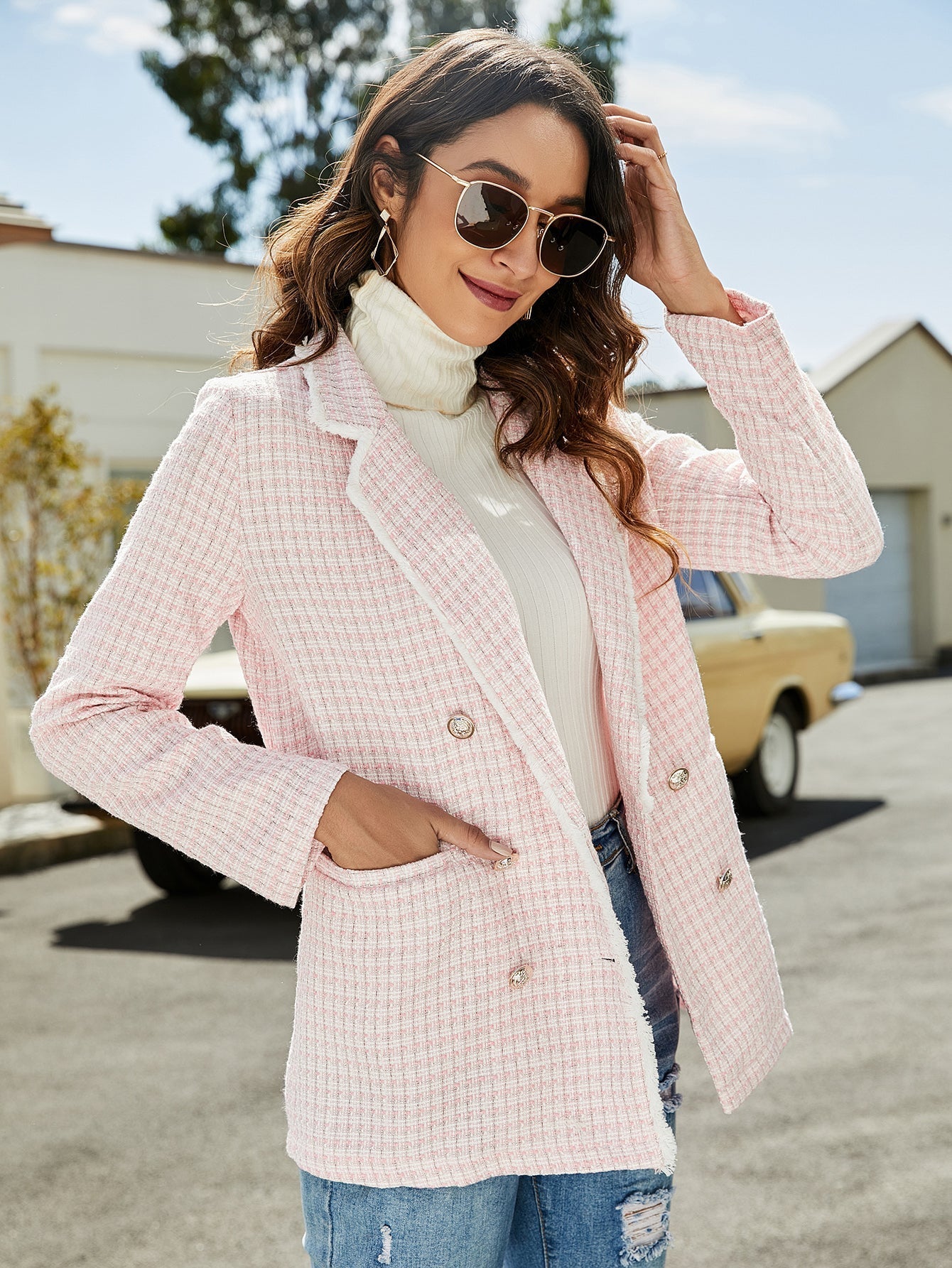 Plaid Shawl Collar Double Breasted Blazer Sai Feel