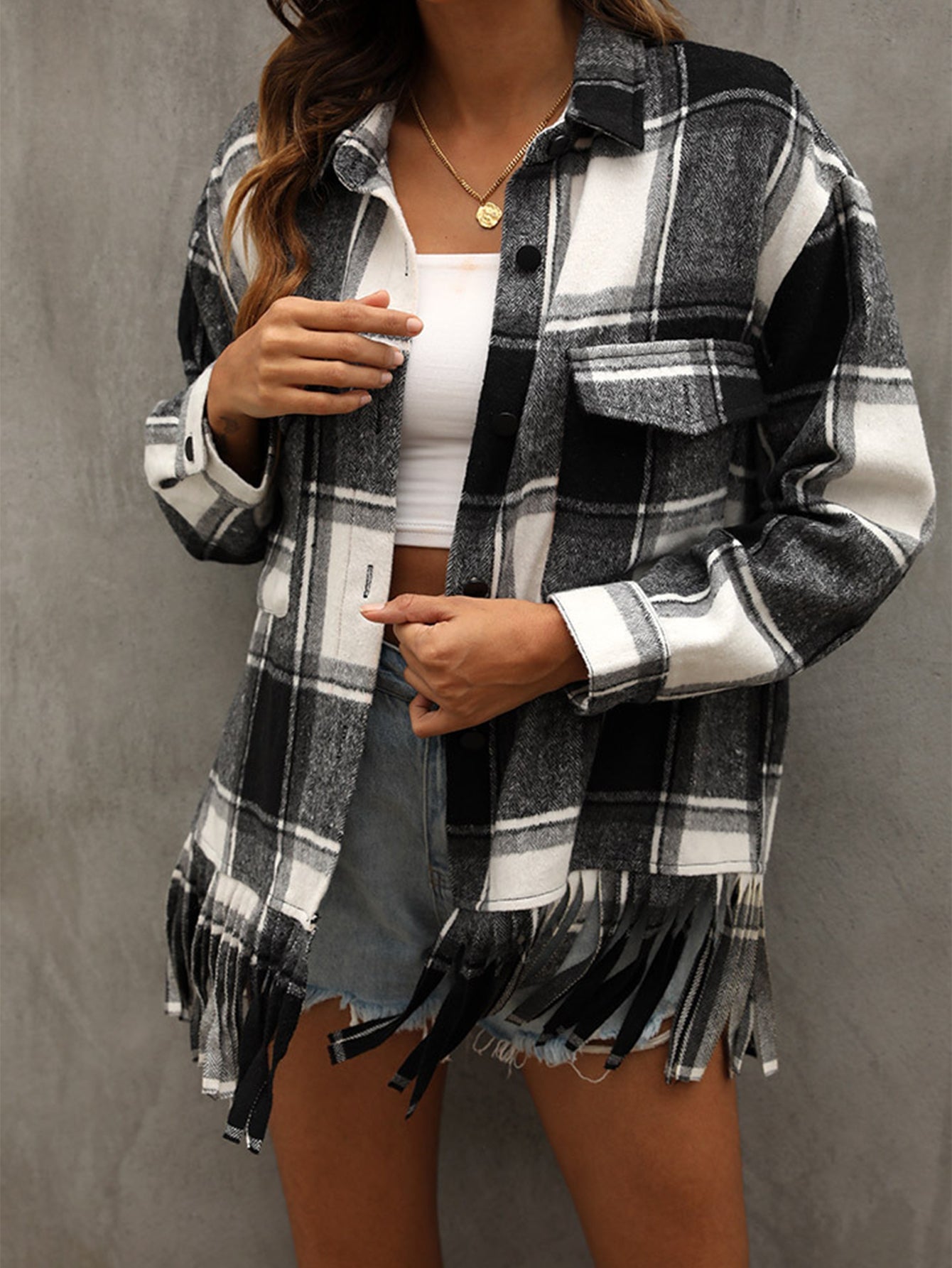 Plaid Tassel Bottom Detail Overshirt Coat Sai Feel