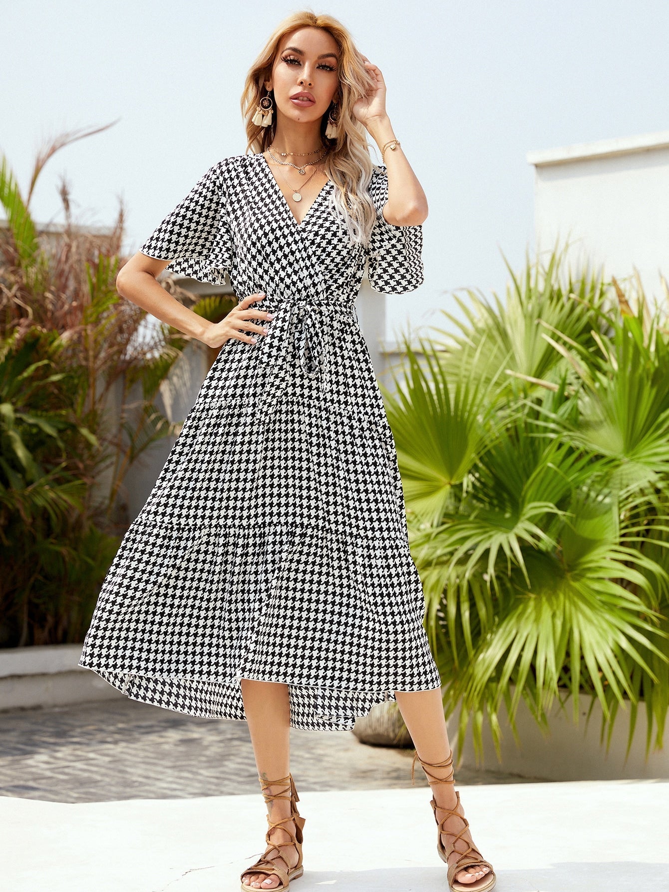 Plaid V-neck Houndstooth Mid-length Skirt and High Waist Dress Sai Feel