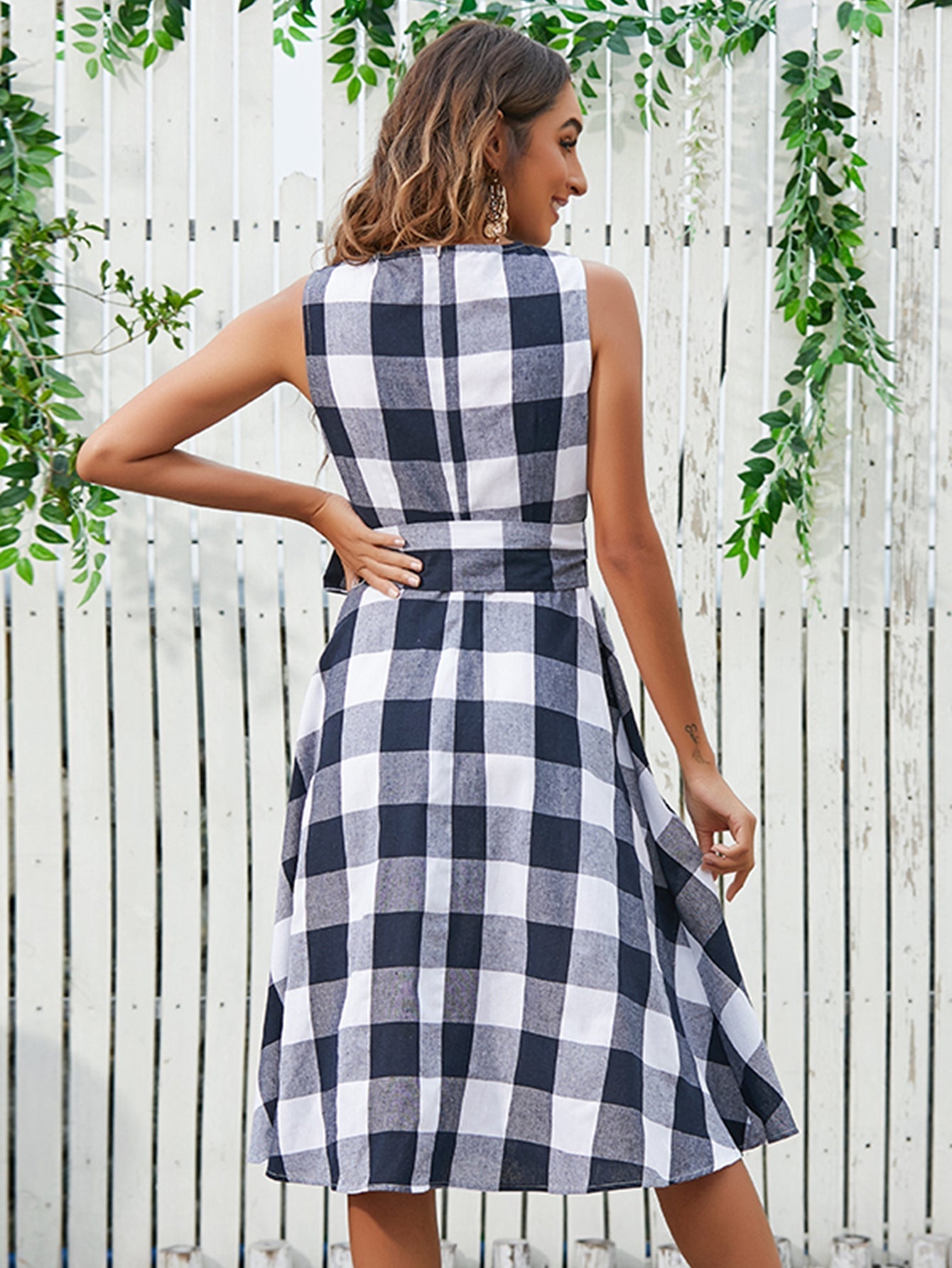 Plaid Zip Back Flare Dress with Waist Belt Sai Feel