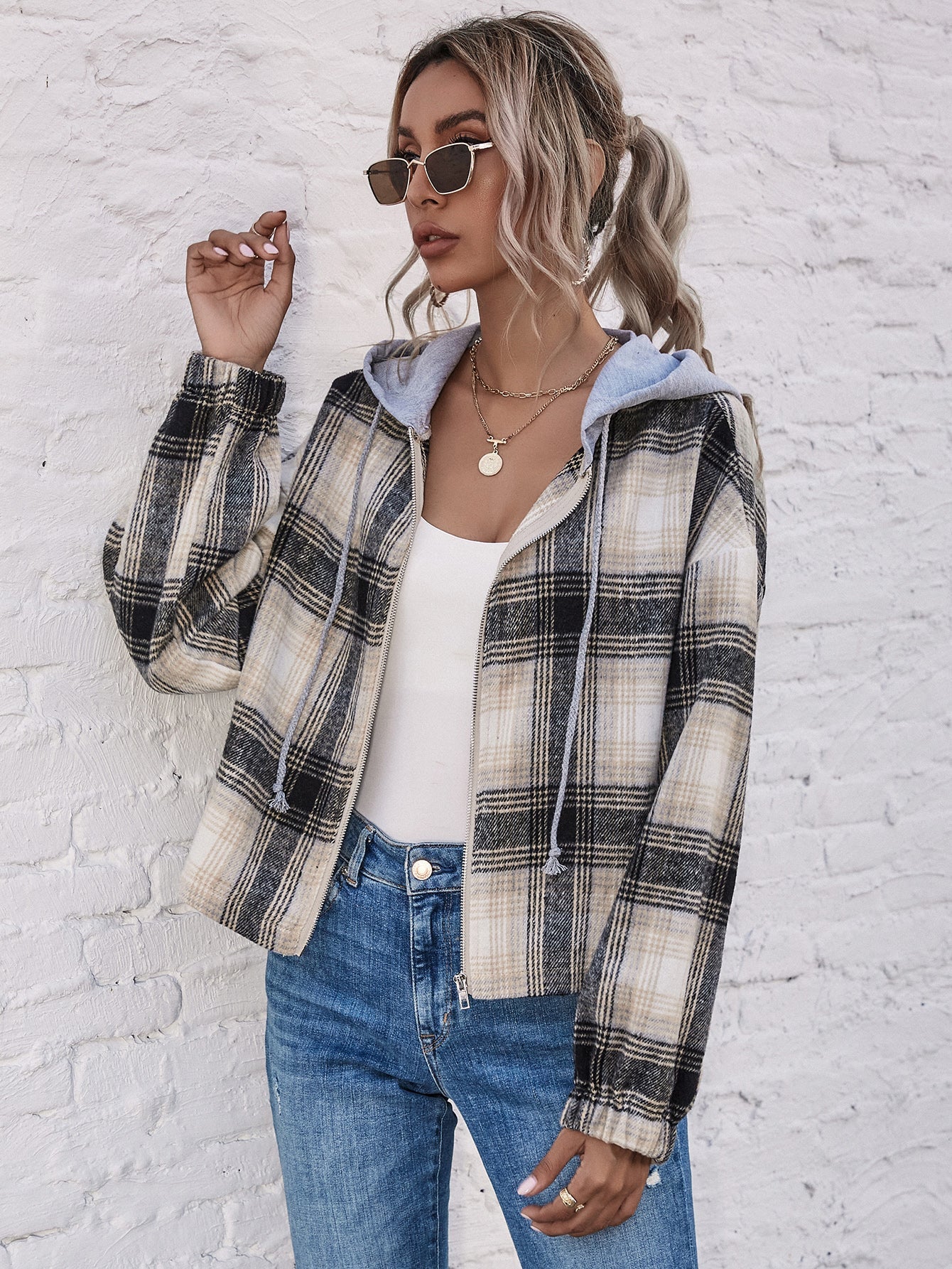 Plaid Zipper Up Hoodie Coat Sai Feel