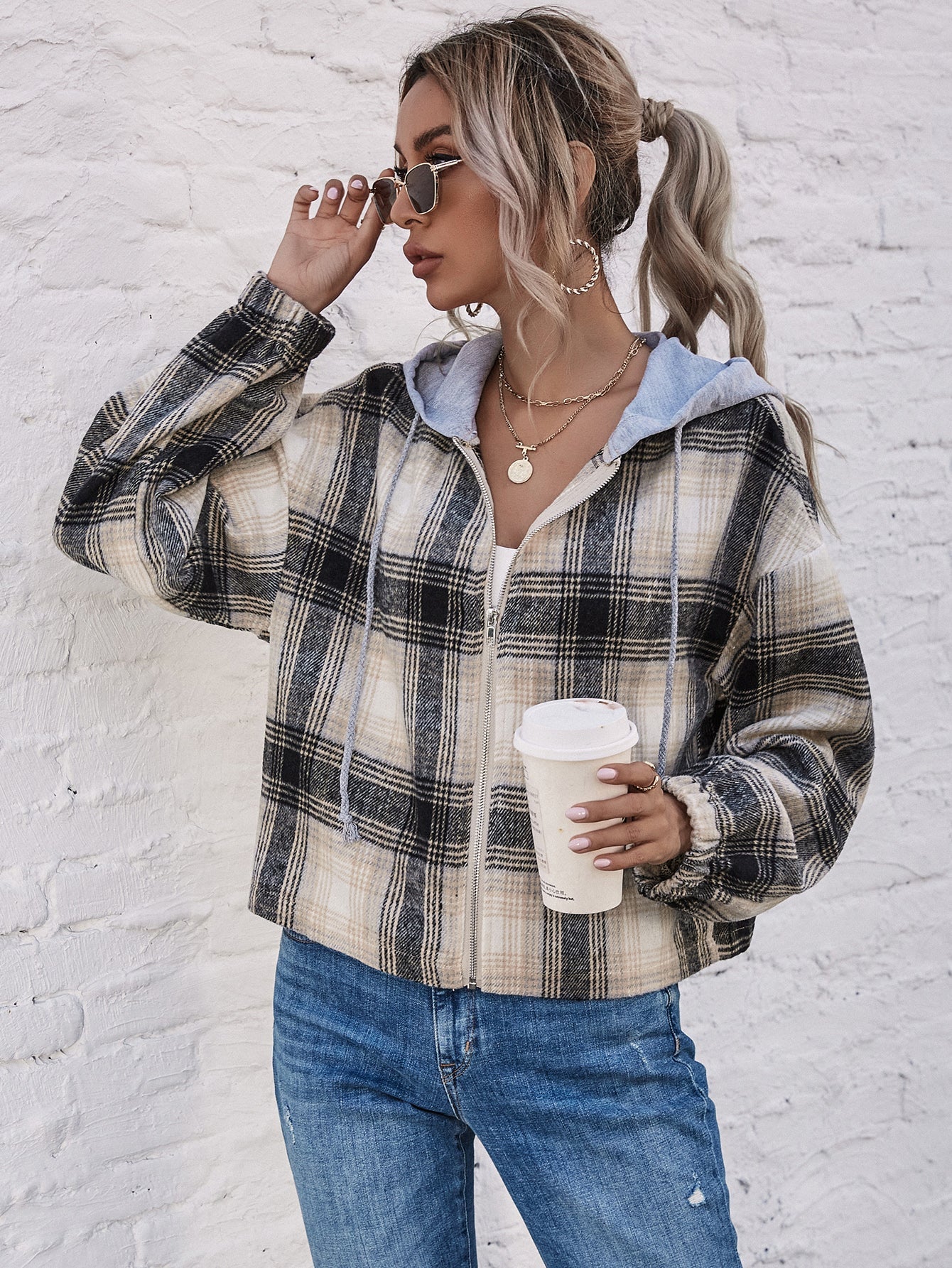 Plaid Zipper Up Hoodie Coat Sai Feel