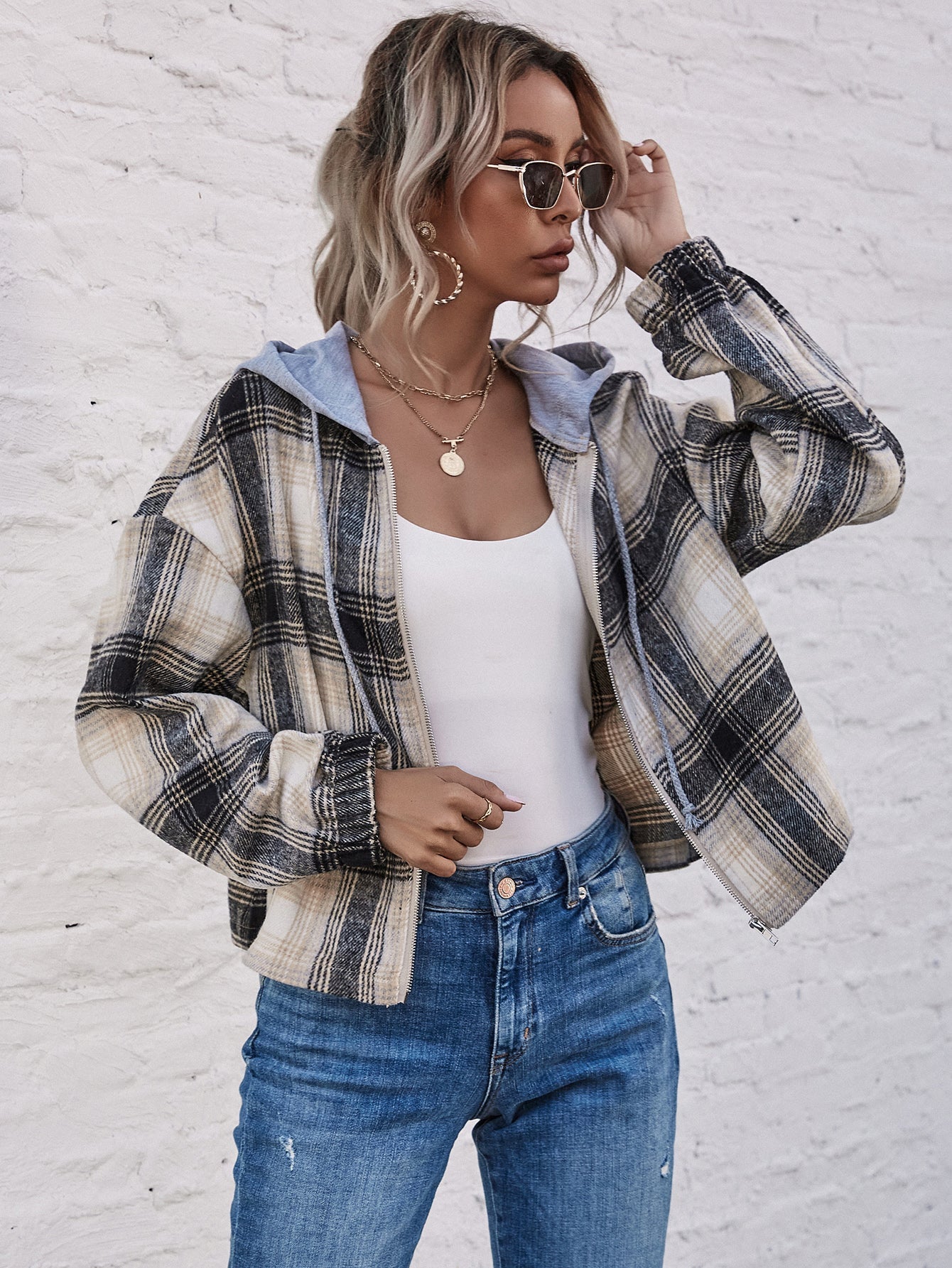 Plaid Zipper Up Hoodie Coat Sai Feel