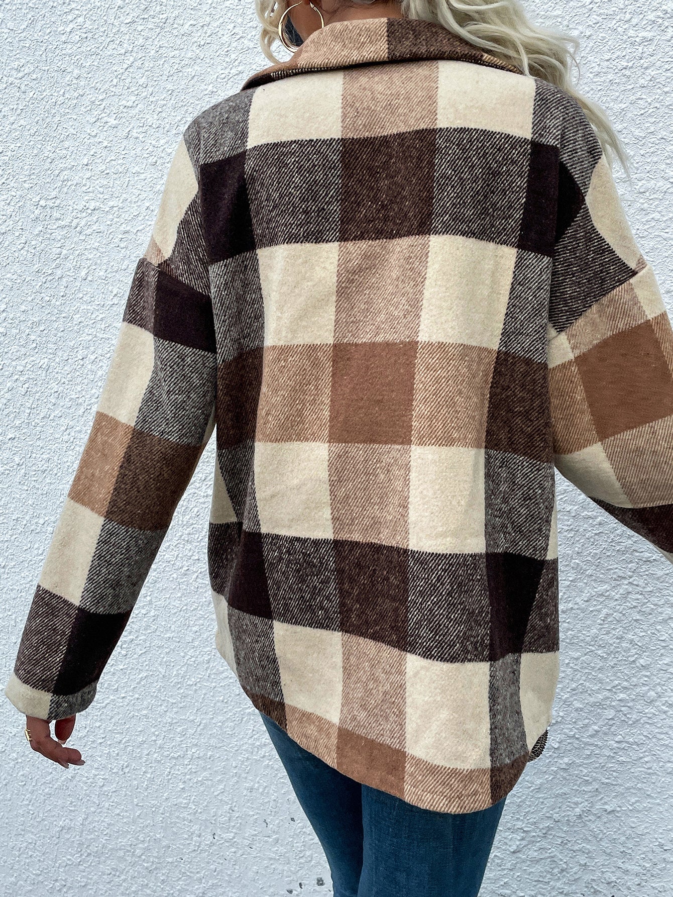 Plaid drop long sleeve coat Sai Feel