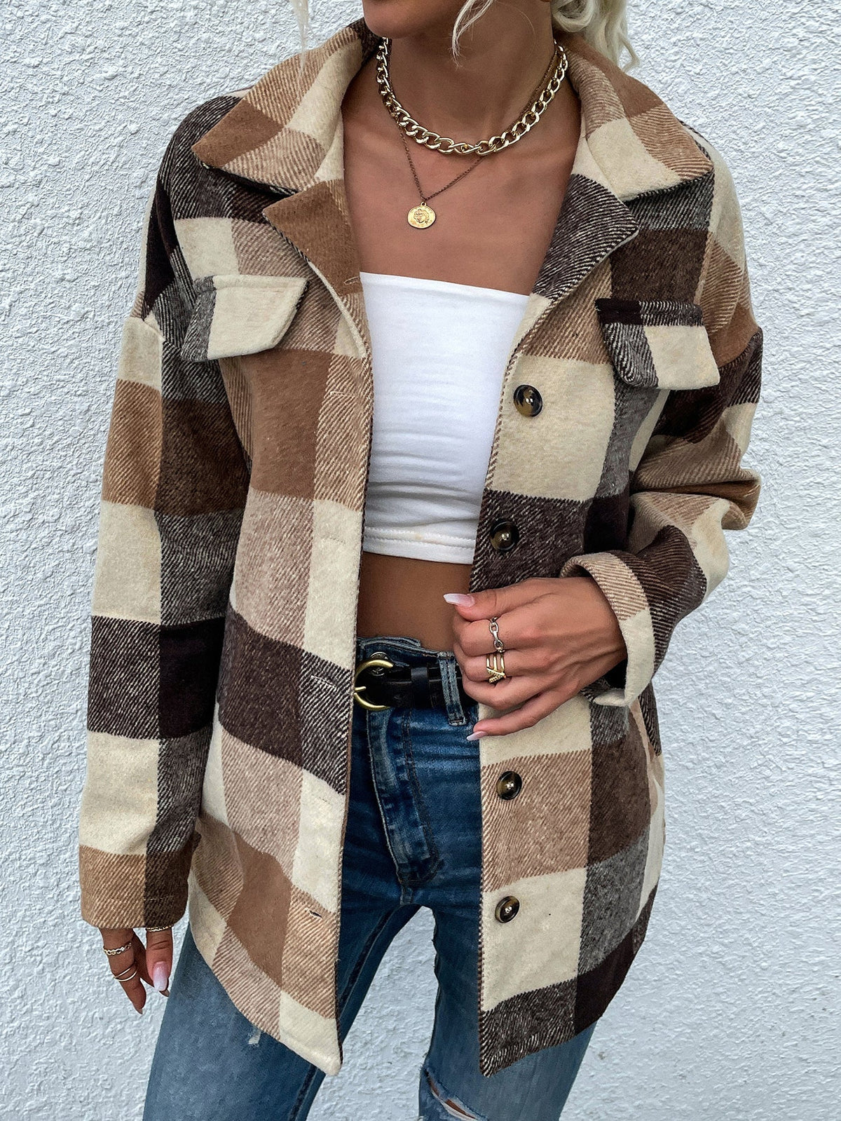 Plaid drop long sleeve coat Sai Feel