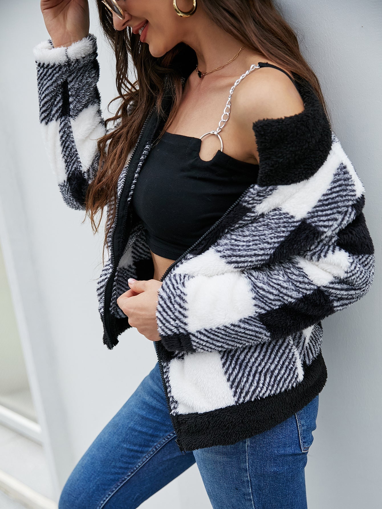 Plaid drop long-sleeved jacket Sai Feel