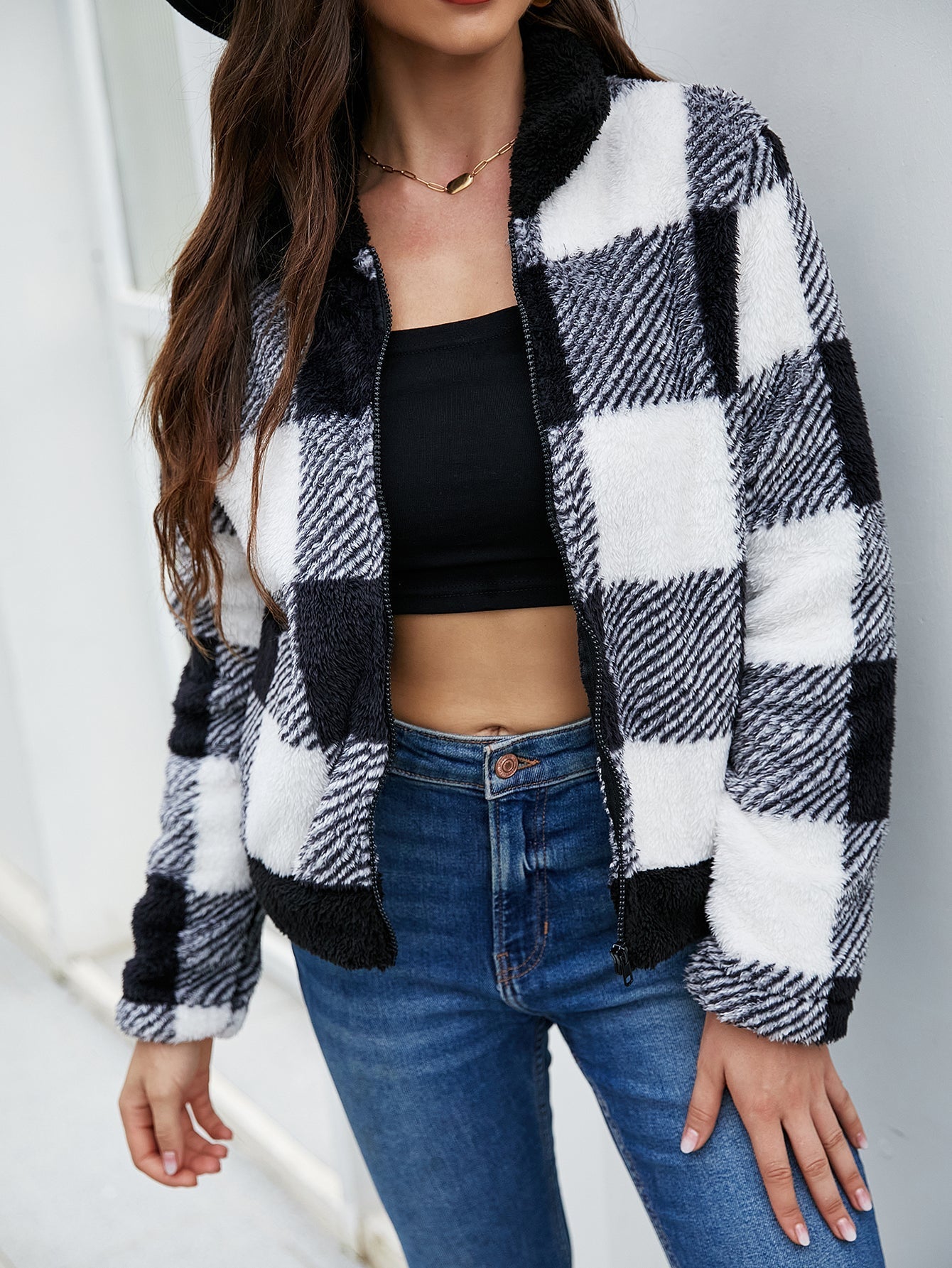 Plaid drop long-sleeved jacket Sai Feel