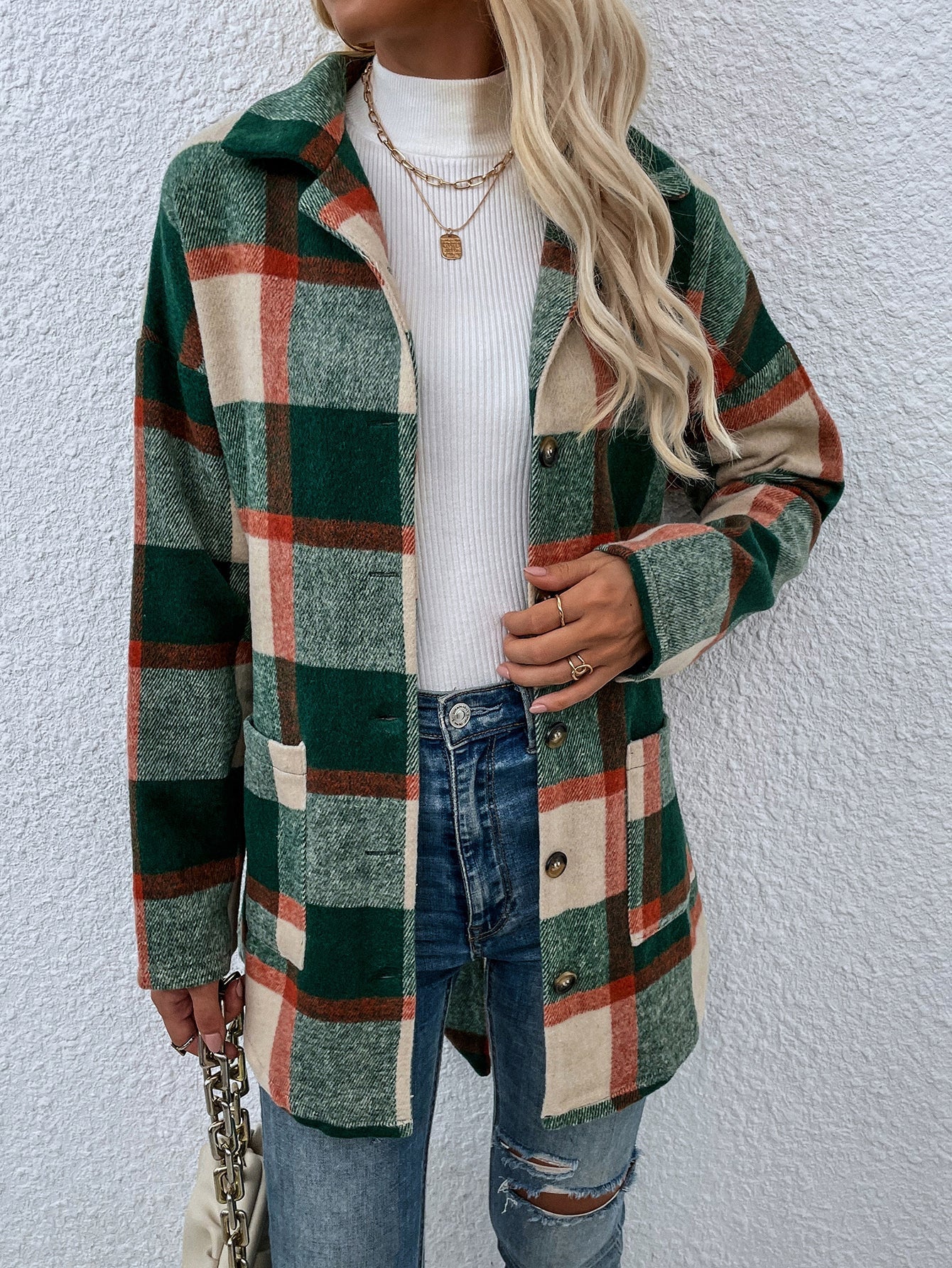 Plaid drop loose long-sleeved lace up shirt coat Sai Feel