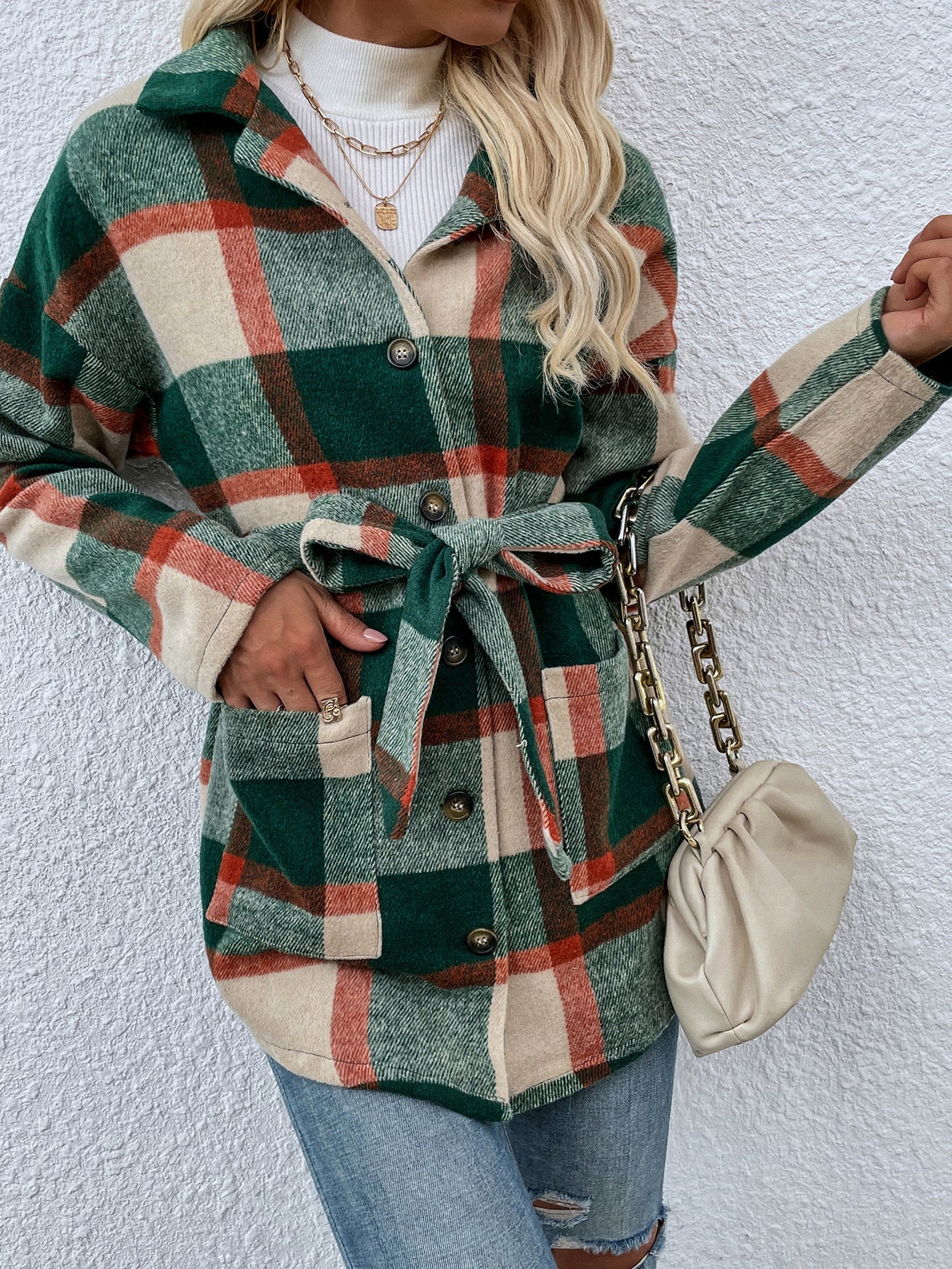 Plaid drop loose long-sleeved lace up shirt coat Sai Feel