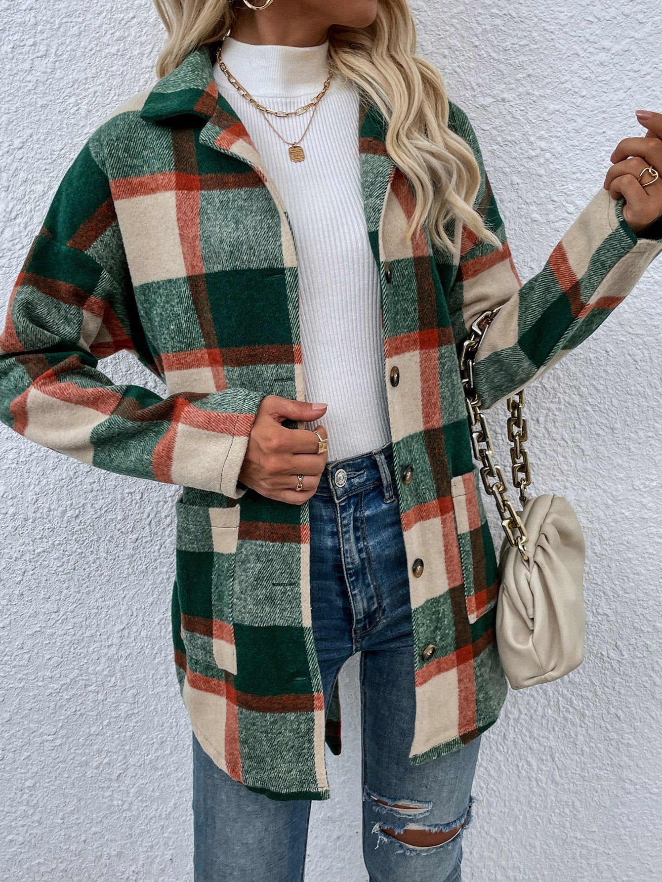 Plaid drop loose long-sleeved lace up shirt coat Sai Feel