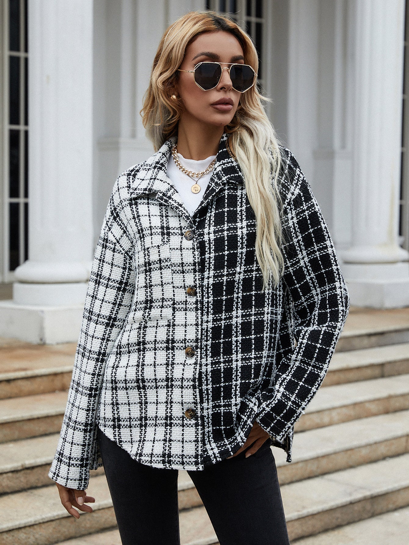 Plaid drop single-breasted cardigan jacket Sai Feel