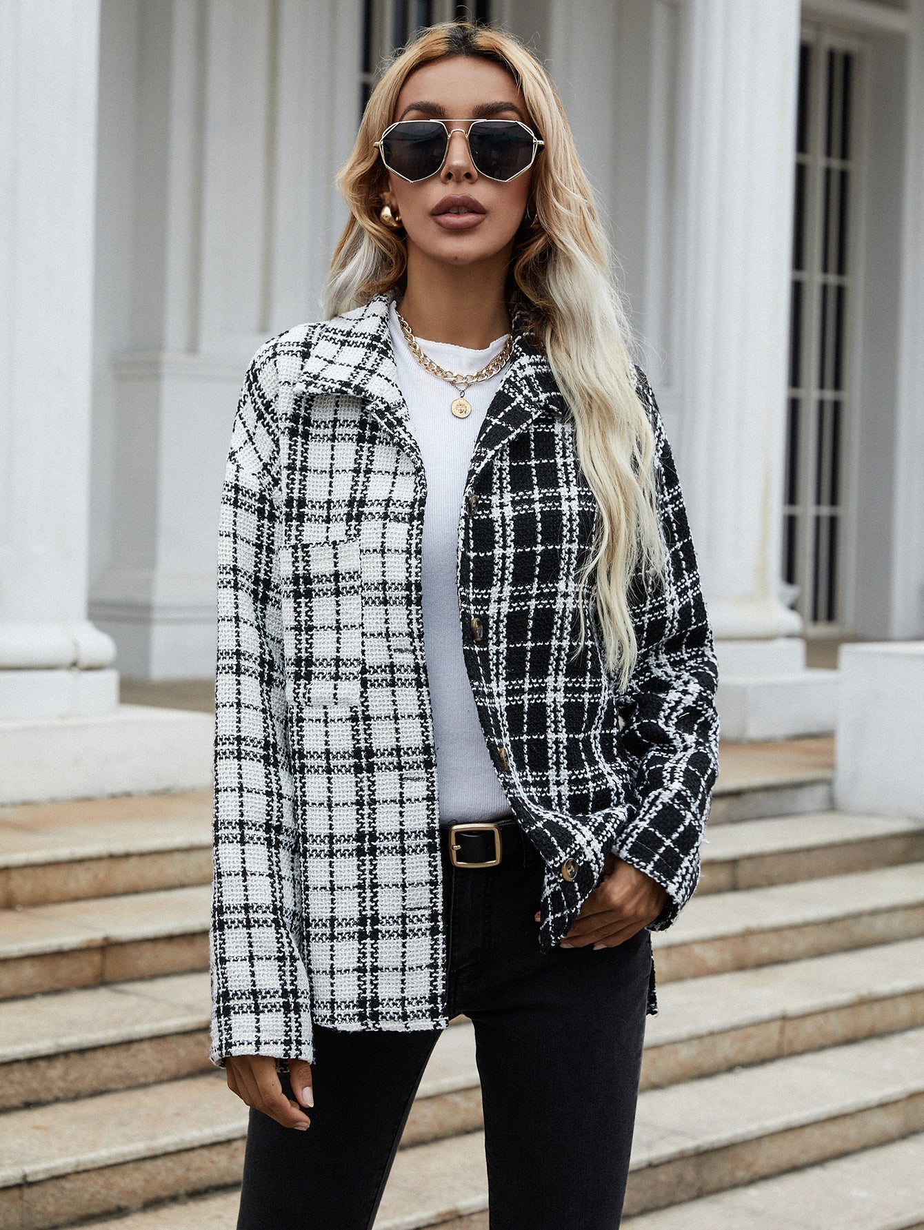 Plaid drop single-breasted cardigan jacket Sai Feel