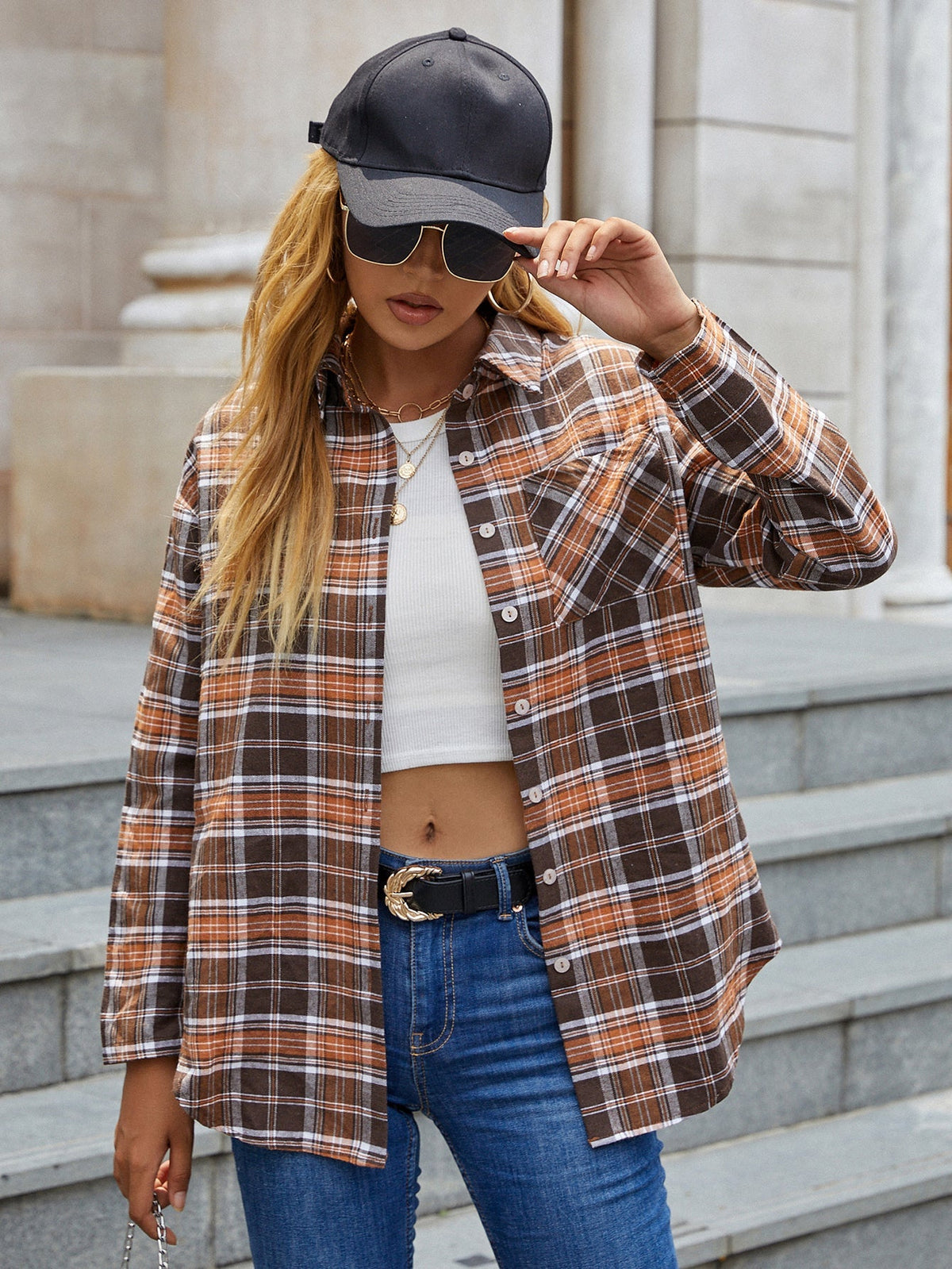 Plaid drop single-breasted lapel casual loose mid-length long-sleeved shirt Sai Feel