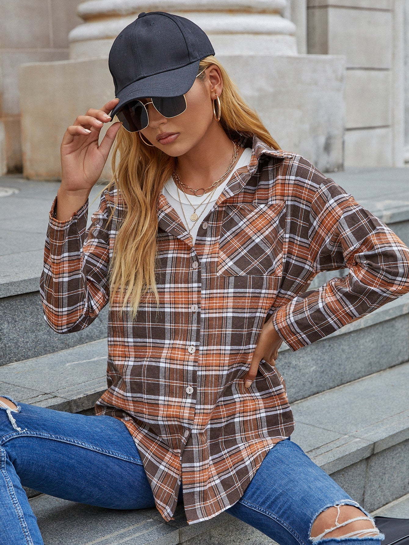 Plaid drop single-breasted lapel casual loose mid-length long-sleeved shirt Sai Feel