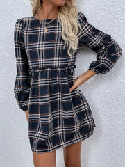 Plaid leisure long sleeve waist pleated dress Sai Feel