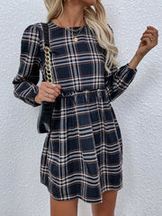 Plaid leisure long sleeve waist pleated dress Sai Feel