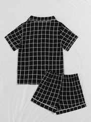 Plaid polo collar button front pockets shirt Short lounge set Sai Feel