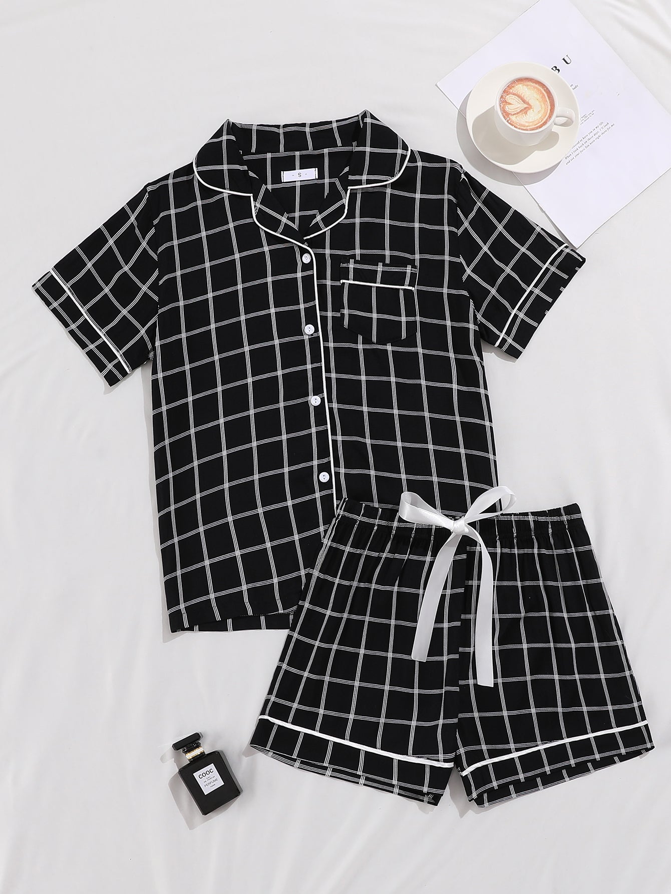 Plaid polo collar button front pockets shirt Short lounge set Sai Feel