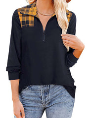 Plaid print patchwork zipper lapel long sleeve casual T-shirt top Sai Feel