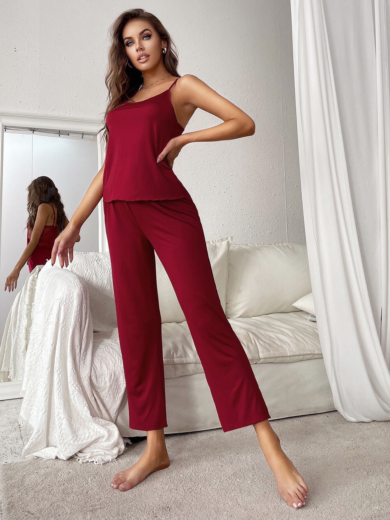 Plain Lace Spaghetti Straps Top And Pants Pajamas Set Sai Feel