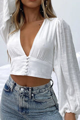 Plunging Lantern Sleeve Crop Top Sai Feel