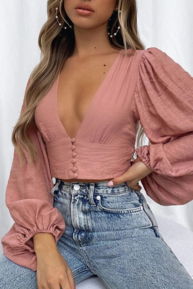 Plunging Lantern Sleeve Crop Top Sai Feel