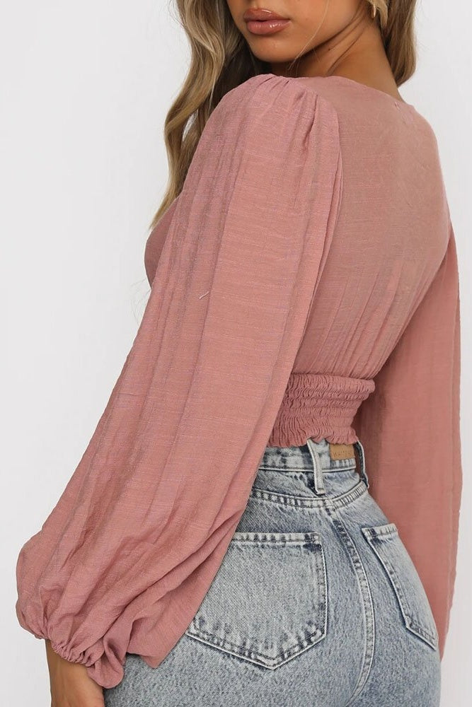 Plunging Lantern Sleeve Crop Top Sai Feel