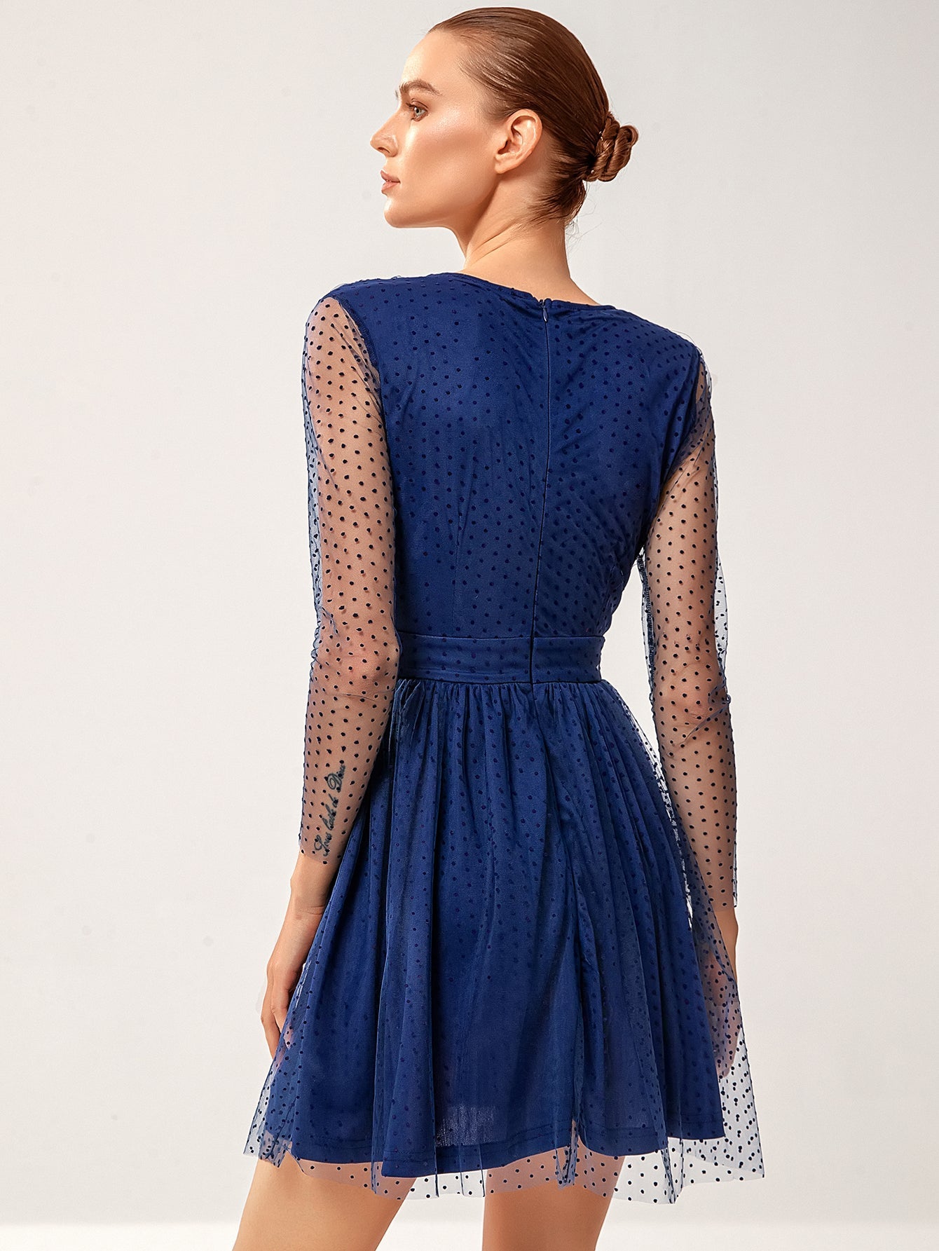 Plunging Neck Polka Dot Mesh Flare Dress Sai Feel