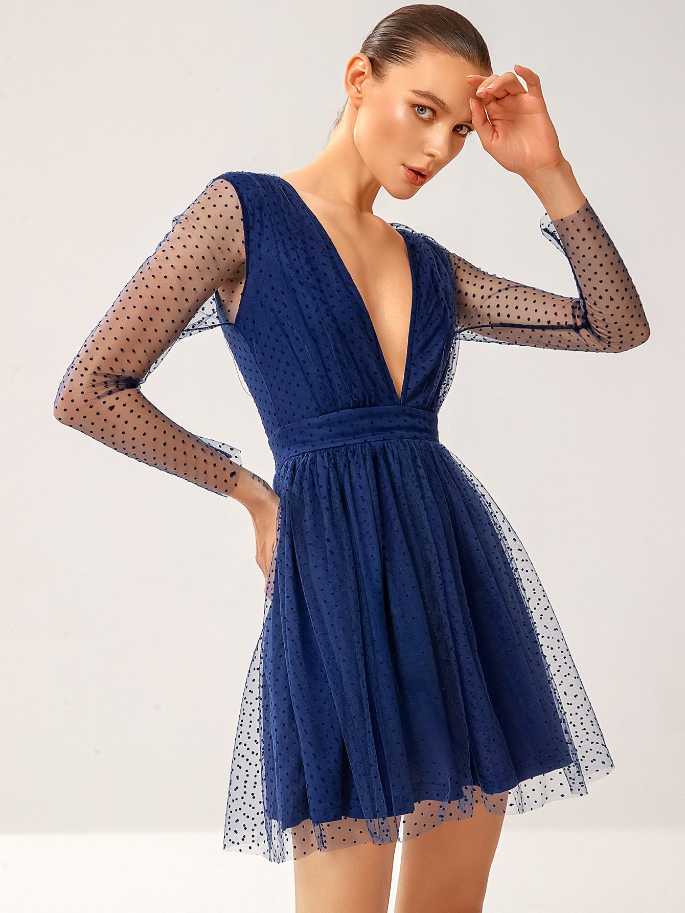 Plunging Neck Polka Dot Mesh Flare Dress Sai Feel