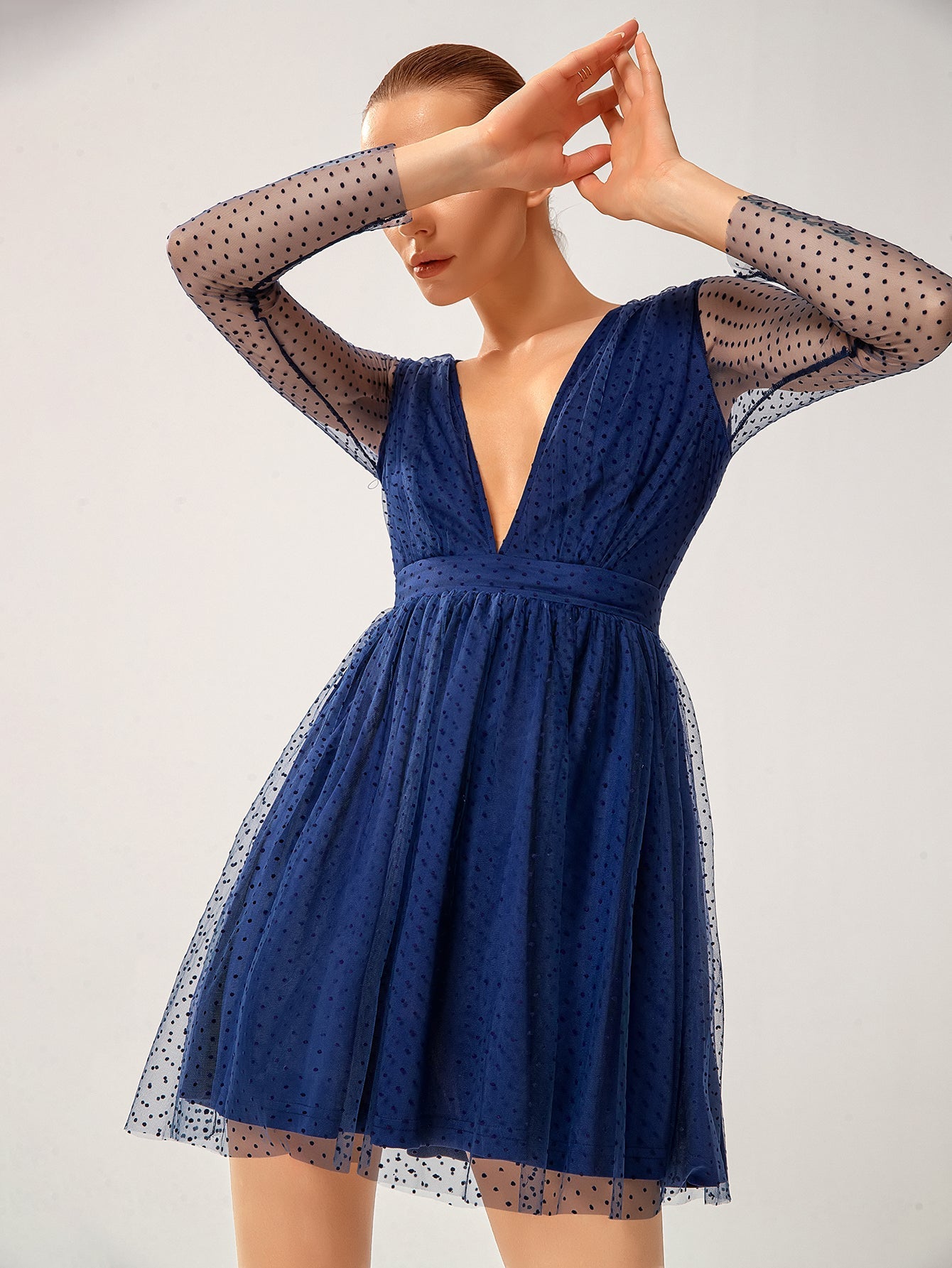 Plunging Neck Polka Dot Mesh Flare Dress Sai Feel