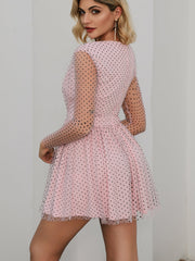 Plunging Neck Polka Dot Mesh Flare Dress Sai Feel