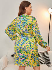 Plus Allover Print Lantern Sleeve Tie Side Wrap Dress Sai Feel