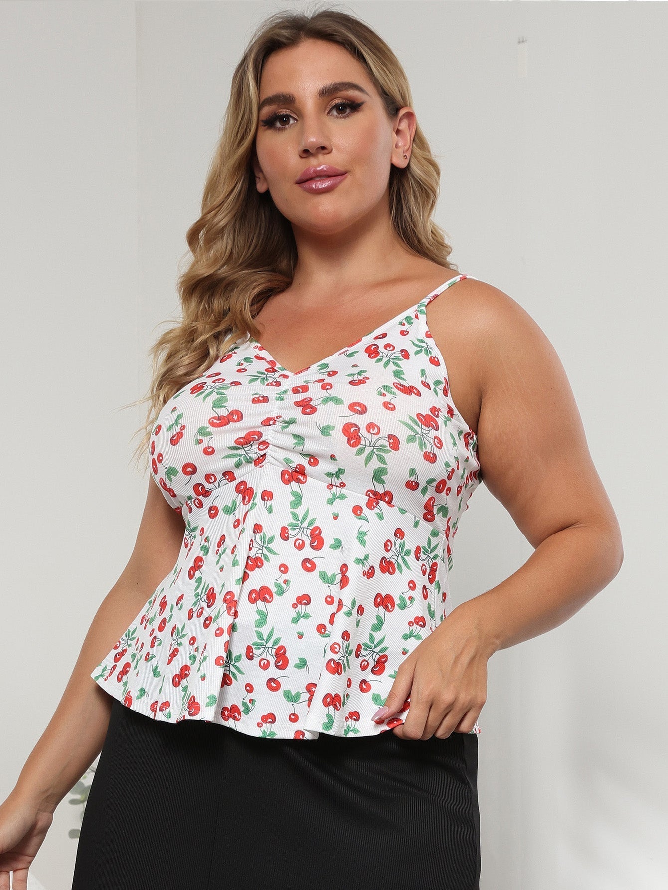 Plus Cherry Print Ruched Bust Peplum Cami Top Sai Feel