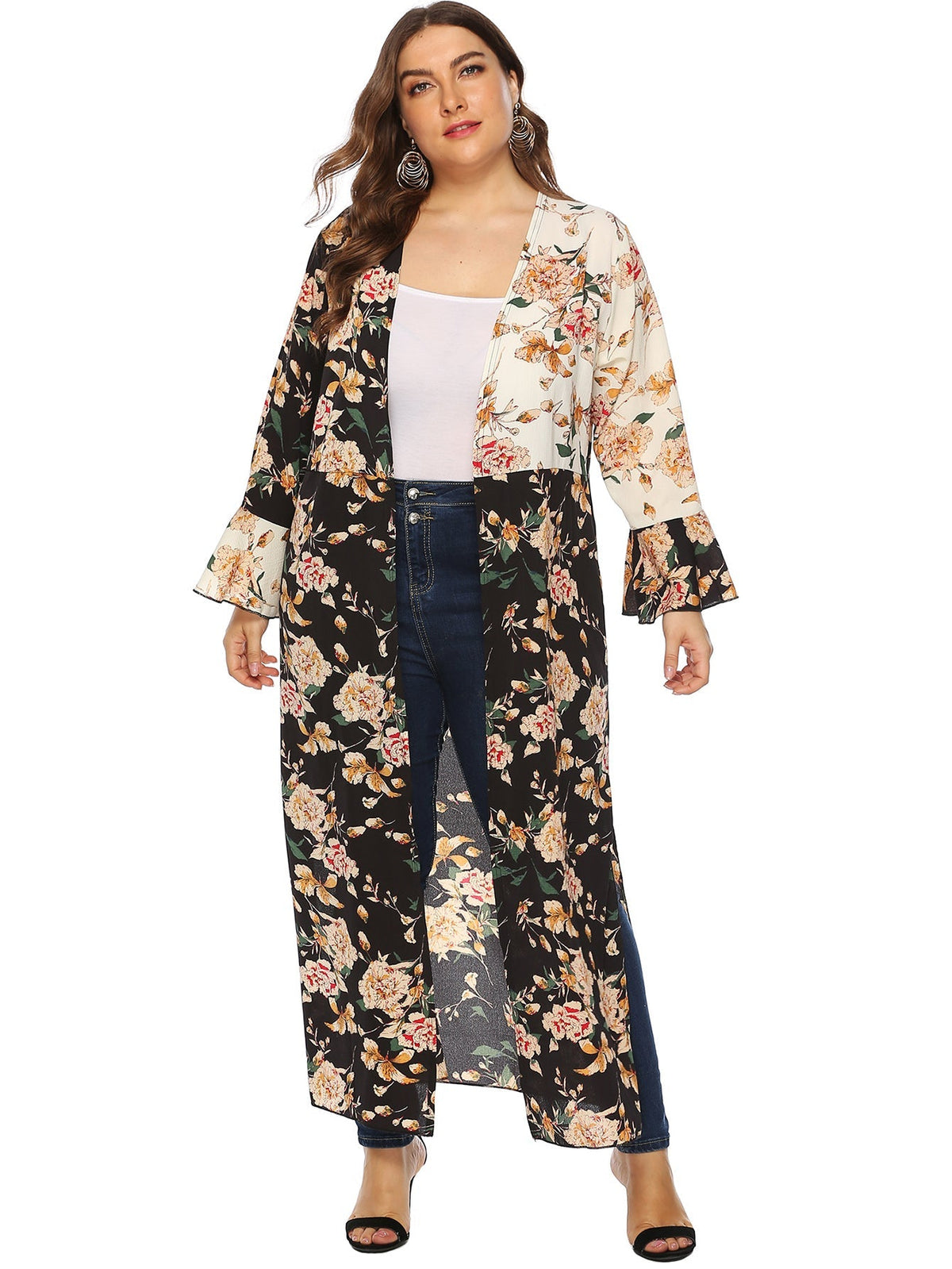 Plus Colorblock Floral Print Open Front Longline Coat Sai Feel