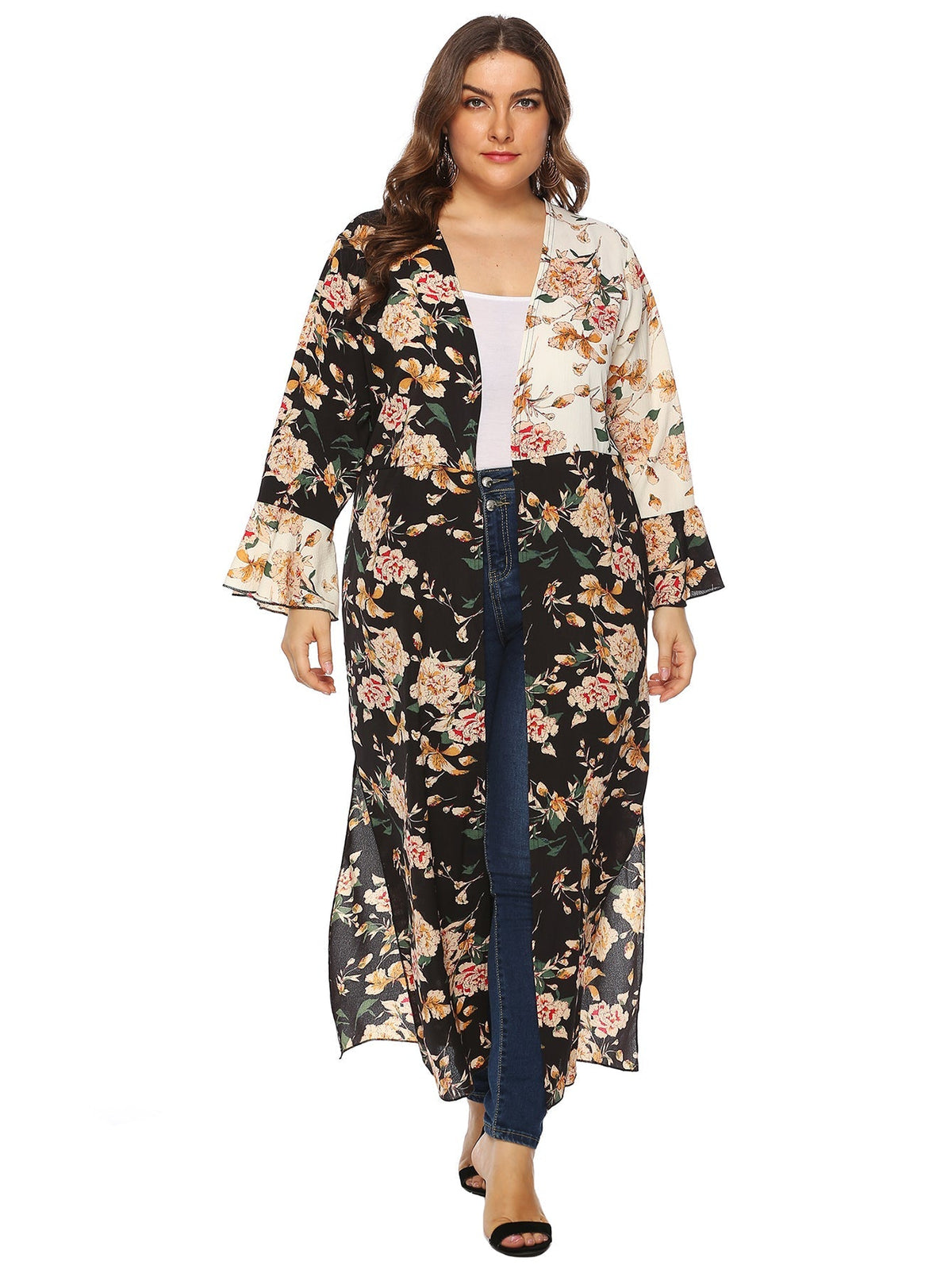 Plus Colorblock Floral Print Open Front Longline Coat Sai Feel