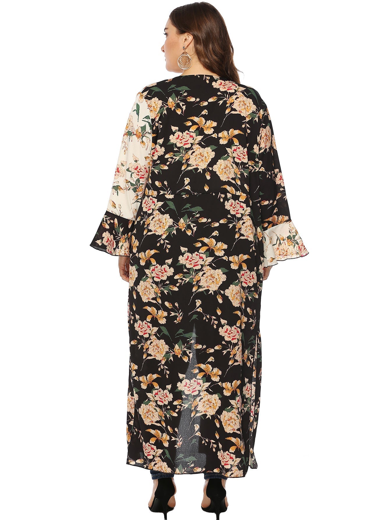 Plus Colorblock Floral Print Open Front Longline Coat Sai Feel