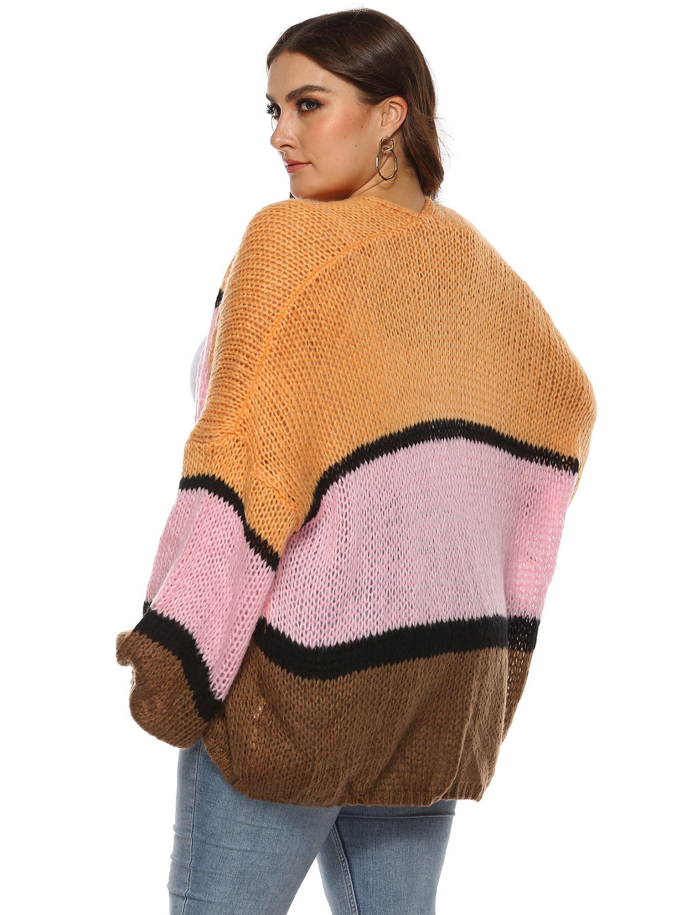 Plus Colorblock Striped Drop Shoulder Cardigan Sai Feel