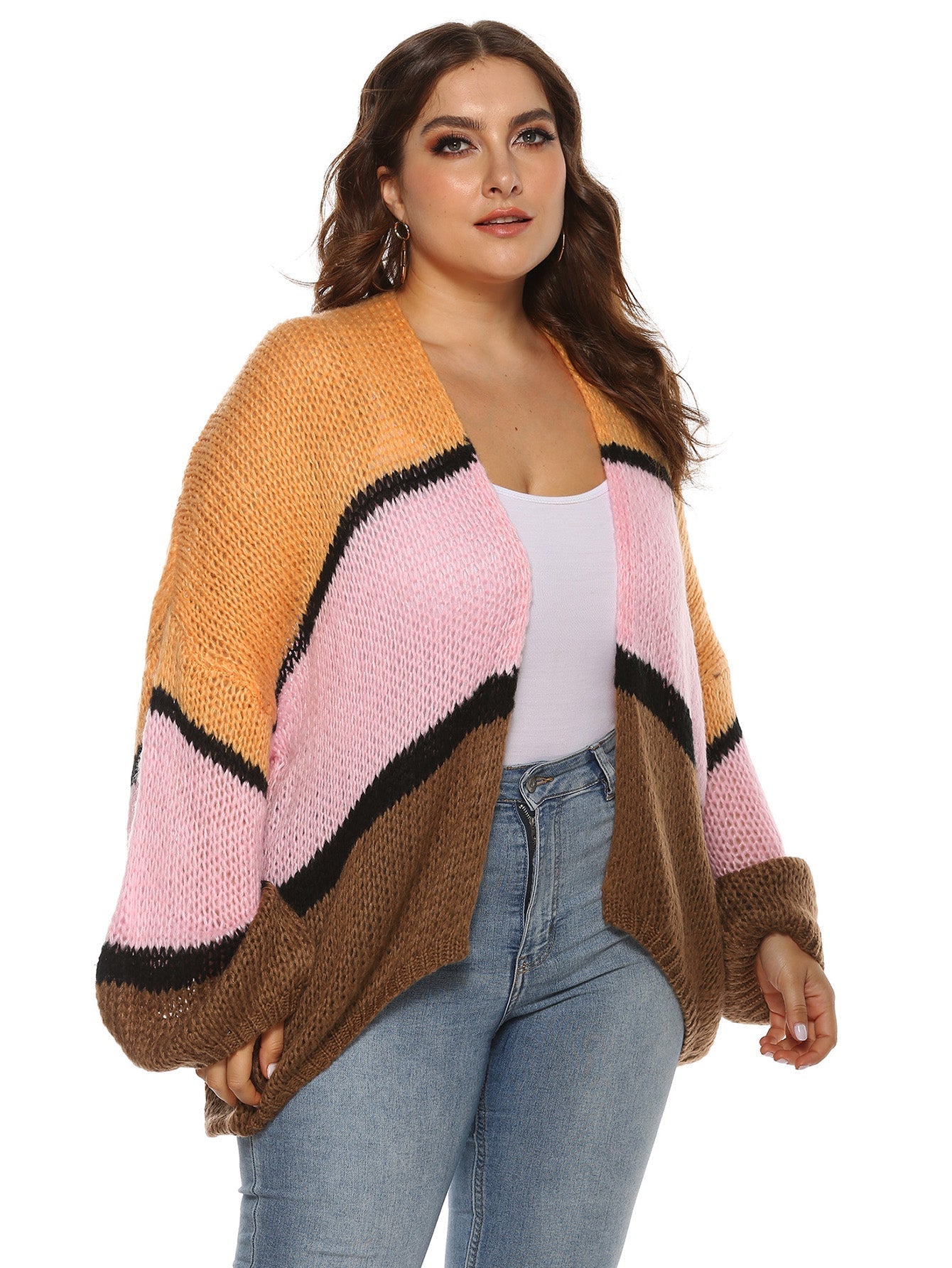 Plus Colorblock Striped Drop Shoulder Cardigan Sai Feel