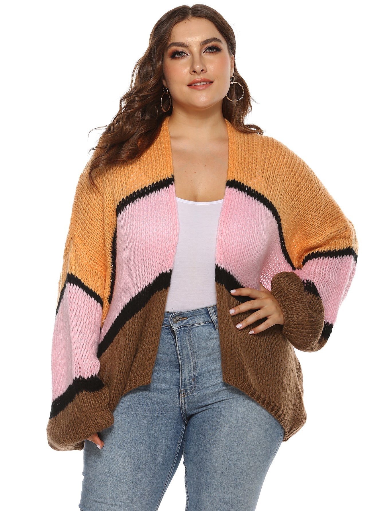 Plus Colorblock Striped Drop Shoulder Cardigan Sai Feel