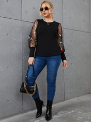 Plus Contrast Floral Embroidered Mesh Bishop Sleeve Tee Sai Feel