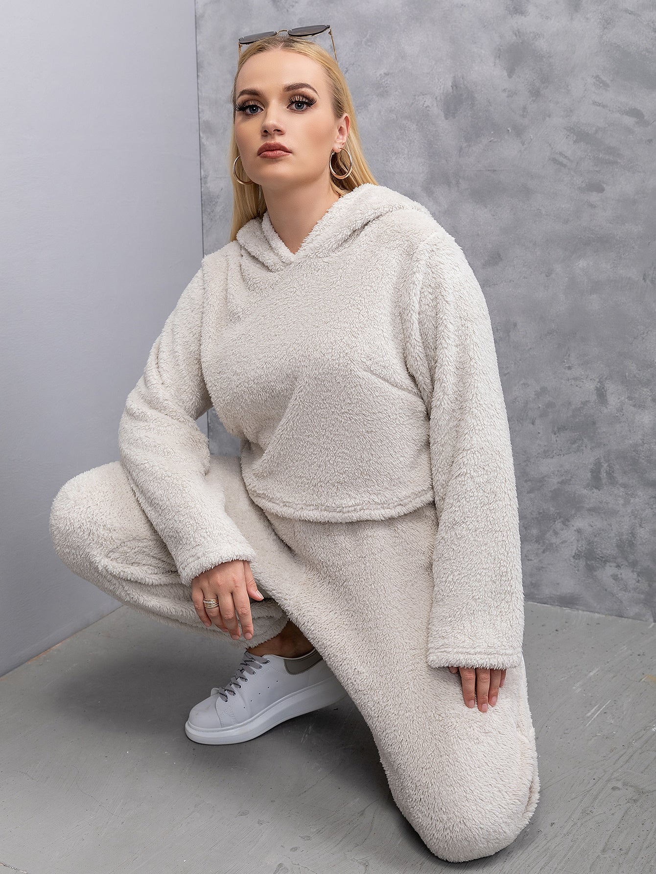 Plus Crop Hooded Teddy Sweatshirt & Pants Sai Feel