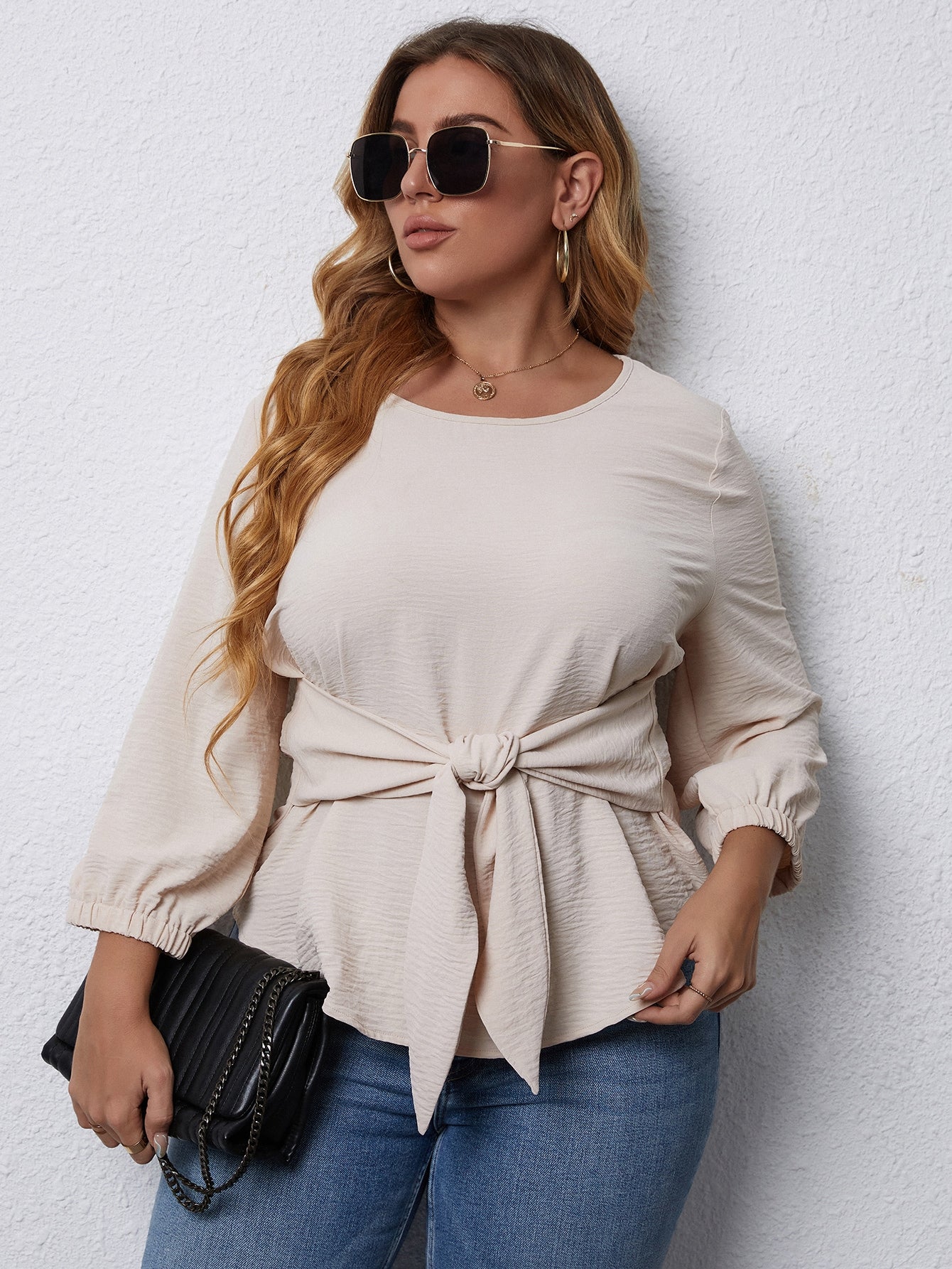 Plus Curved Hem Belted Blouse Sai Feel