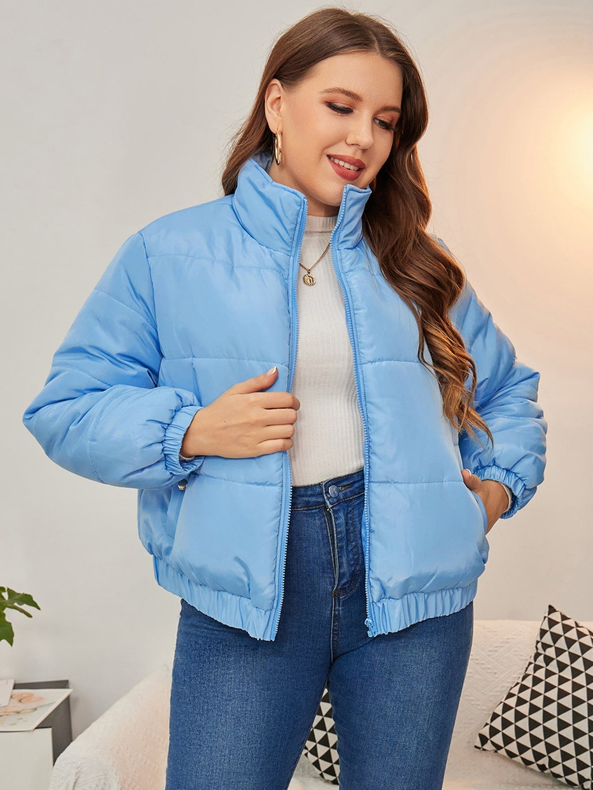 Plus Elastic Hem Zipper Puffer Coat Sai Feel