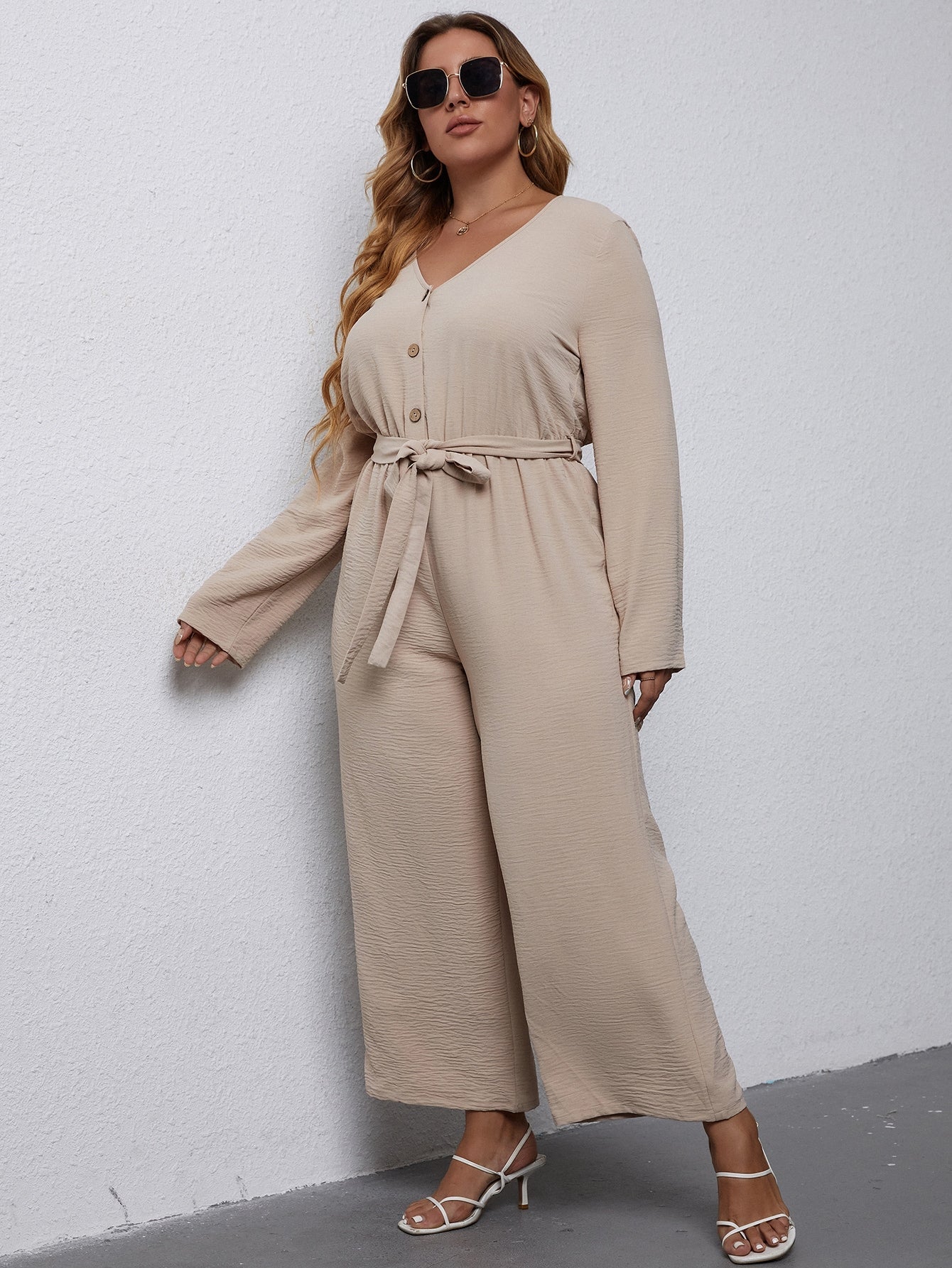 Plus Half Button Front Belted Jumpsuit Sai Feel