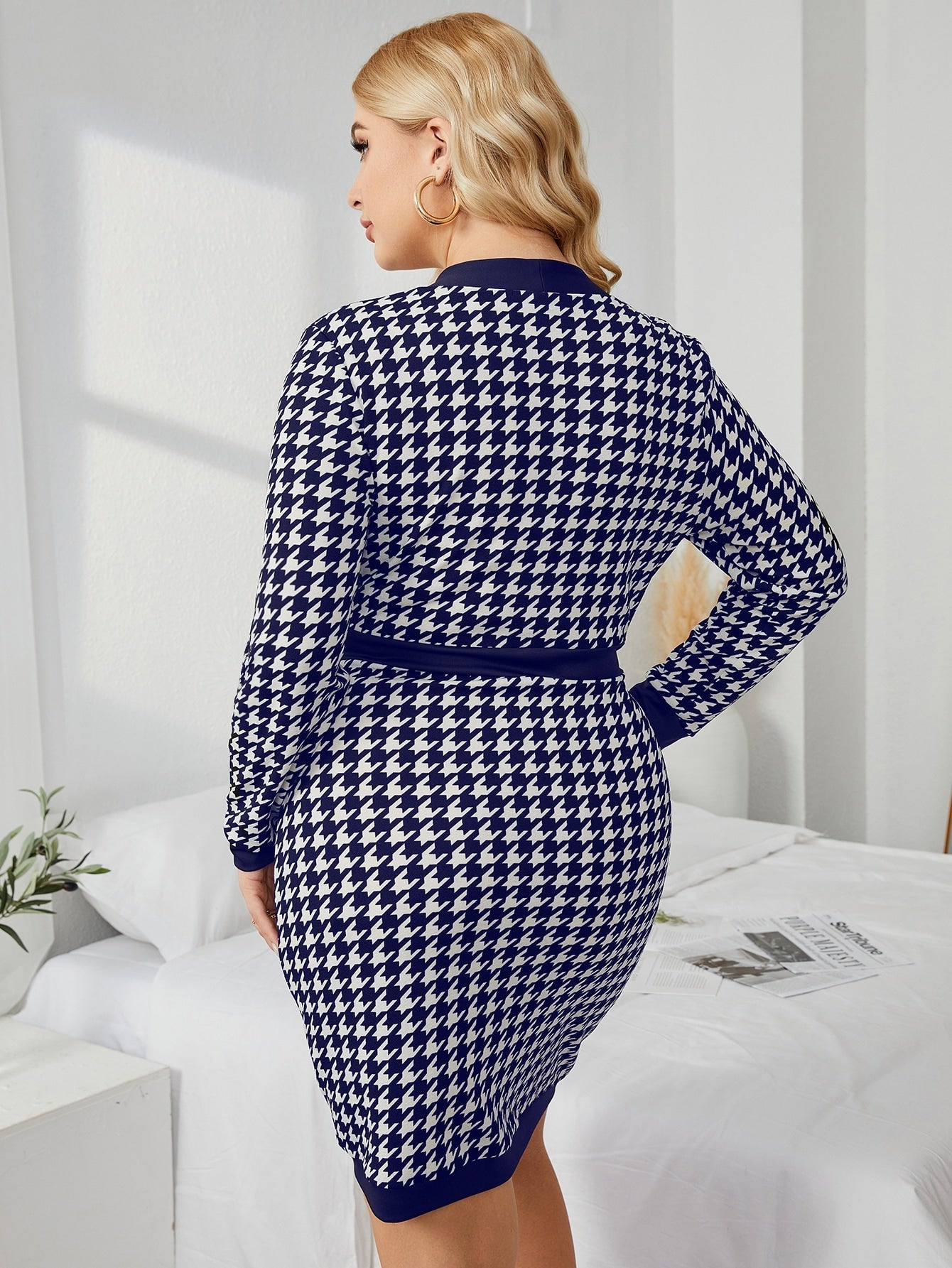 Plus Houndstooth Fake Button Bodycon Dress Sai Feel