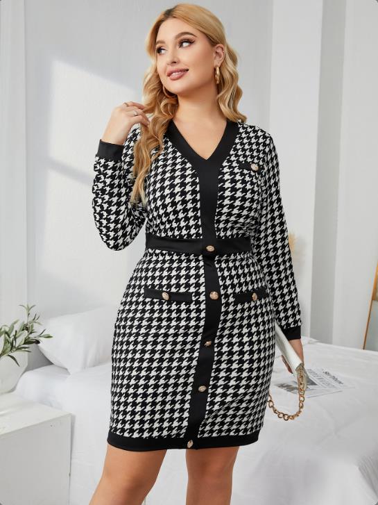 Plus Houndstooth Fake Button Bodycon Dress Sai Feel